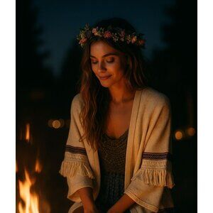H&M Women’s Ivory S Cardigan Boho Chic Festival Boho Chic Cottage core Fringe